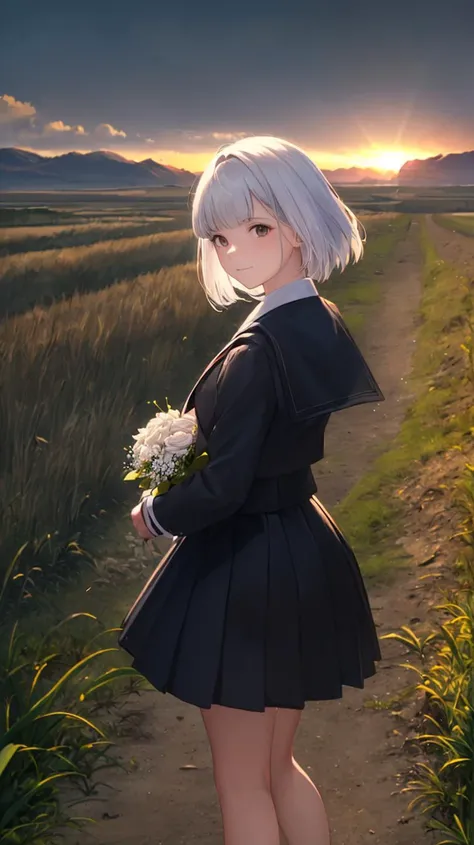 photorealistic,((best quality)),(masterpiece),(ultra detailed),(ultra high res),(facing viewer),((dusk)),Depth of Field,pov,tussock,overgrown,cloud sky,(dark sky),((backlighting)),(wind),1girl,looking at viewer,full body,(holding bouquet),(school uniform),(white hair),(black eyes),(medium hair),(bowl cut),light smile,HDR,high contrast