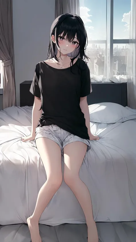 ((masterpiece,best quality,ultra detailed)),pov,(bedroom),morning,(sunlight),window,closed curtains,cloudy sky,cityscape,1girl,black eye,medium hair,black hair,((messy shirt)),plate shorts,(sitting on bedroll),(scratching cheek),(waking up),full body,floor,hdr