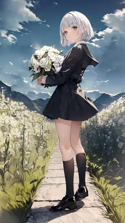 ((masterpiece,best quality,ultra detailed)),(facing viewer),((dusk)),Depth of Field,pov,tussock,overgrown,cloud sky,(dark sky),((backlighting)),(wind),1girl,looking at viewer,full body,(holding bouquet),(school uniform),(white hair),(black eyes),(medium hair),(bowl cut),light smile,HDR,high contrast