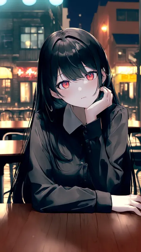 ((masterpiece,best quality,ultra detailed)),(pov across table),(arm support),(arm rest),by the window,1girl,black hair,long hair,distracted,sitting,collared shirt,night,cafe,looking away,neon lights,streetspace