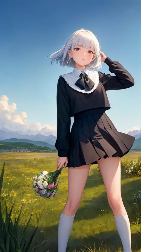 photorealistic,((best quality)),(masterpiece),(ultra detailed),(ultra high res),(facing viewer),((dusk)),Depth of Field,pov,tussock,overgrown,cloud sky,(dark sky),((backlighting)),(wind),1girl,looking at viewer,full body,(holding bouquet),(school uniform),(white hair),(black eyes),(medium hair),(bowl cut),light smile,HDR,high contrast
