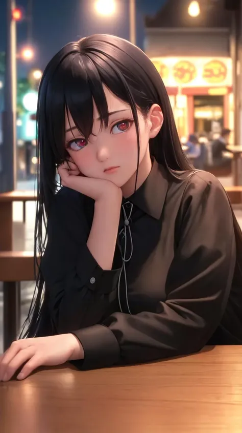 photorealistic,((best quality)),(masterpiece),(ultra detailed),(ultra high res),(pov across table),(arm support),(arm rest),by the window,1girl,black hair,long hair,distracted,sitting,collared shirt,night,cafe,looking away,neon lights,streetspace