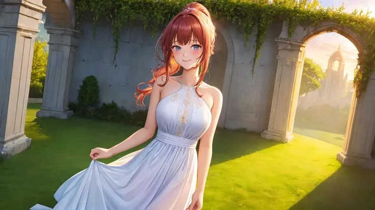 ((masterpiece,best quality,ultra detailed,ultra high res,detailed background)),dusk, sunset, 1girl,princess,shy,nervous smile,solo,pov,upper body,standing,solo focus,looking at viewer,blush,depth of field,outdoors,chiaroscuro,ruins, lawn,grass,single ponytail,sunlight,broken wall,pillar,vines,dark sky,white long dress,