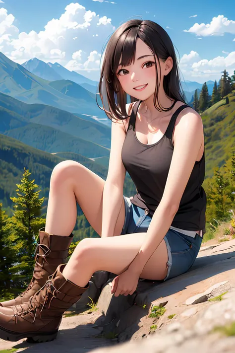 ((best quality)), ((masterpiece)), (detailed), young girl, hiking, minishort, loose tank top, boots, smiling, mountain, beautiful lighting, sunny, mountain trail, partly cloudy