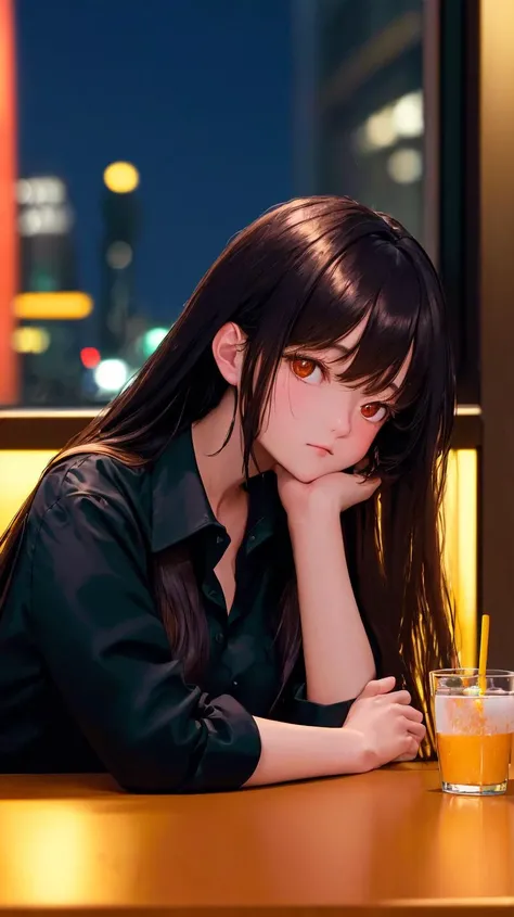 ((masterpiece,best quality,ultra detailed,ultra high res)),((night)),(distant),chiaroscuro,cafe,indoors,solo focus,pov,(by the window),(arm support),1girl,facing away,black hair,long hair,distracted,sitting,black collared shirt,(looking away),streetspace,neon lights,