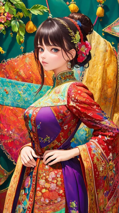 ((masterpiece,best quality,ultra detailed,ultra high res,detailed background)),(1 girl,solo:1.1),Regular,stylish pose,textile art,fiber manipulation,woven designs,fabric collage,quilting,embroidery,innovative techniques,tactile creations