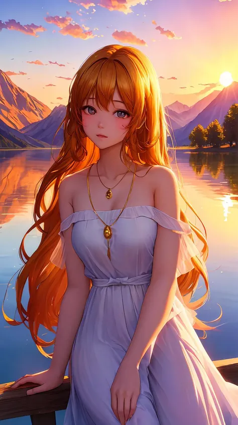 ((masterpiece,best quality,extremely detailed,ultra high res,detailed background)),1 girl,serene expression,mesmerizing eyes,straight long hair,flowing dress,poised posture,porcelain skin,subtle blush,crystal pendant,BREAK 
golden hour,((rim lighting)),warm tones,sun flare,soft shadows,vibrant colors,painterly effect,dreamy atmosphere,BREAK 
scenic lake,distant mountains,willow tree,calm water,reflection,sunlit clouds,peaceful ambiance,idyllic sunset,