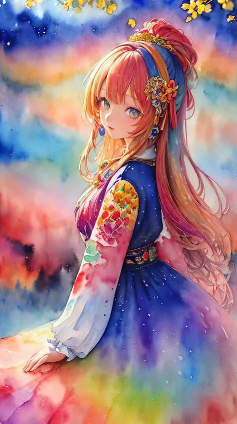 ((masterpiece,best quality,ultra detailed,ultra high res,detailed background)),((1girl)), extreme detailed,colorful,highest detailed,(((watercolour painting))), optical mixing, playful patterns,lively texture,rich colors,unique visual effect