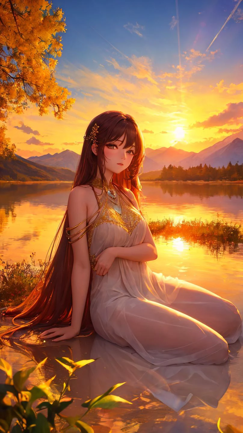 ((masterpiece,best quality,extremely detailed,ultra high res,detailed background)),1 girl,serene expression,mesmerizing eyes,straight long hair,flowing dress,poised posture,porcelain skin,subtle blush,crystal pendant,BREAK
golden hour,((rim lighting)),warm tones,sun flare,soft shadows,vibrant colors,painterly effect,dreamy atmosphere,BREAK
scenic lake,distant mountains,willow tree,calm water,reflection,sunlit clouds,peaceful ambiance,idyllic sunset,