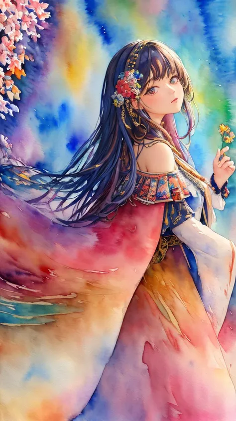 ((masterpiece,best quality,ultra detailed,ultra high res,detailed background)),((1girl)), extreme detailed,colorful,highest detailed,(((watercolour painting))), optical mixing, playful patterns,lively texture,rich colors,unique visual effect