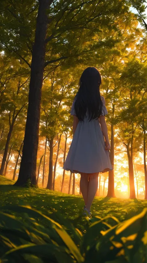 ((masterpiece,best quality,ultra detailed,ultra high res,detailed background)),sunrise,forest,impressive,chill,inspirational,1girl,facing away