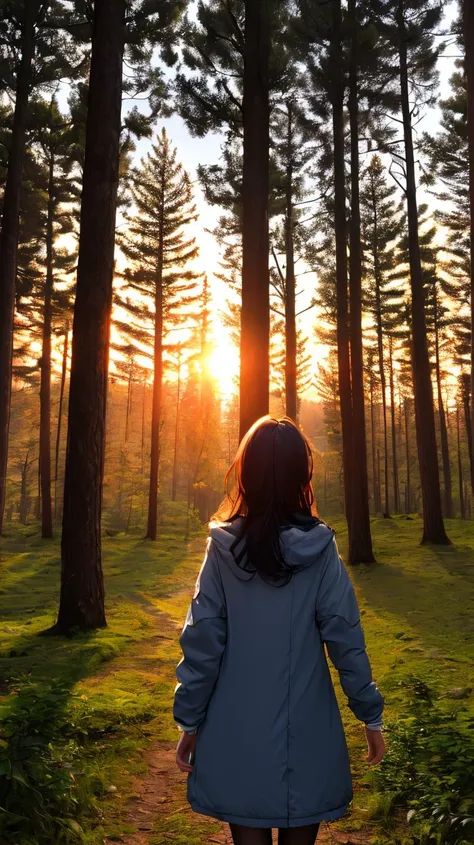 ((masterpiece,best quality,ultra detailed,ultra high res,detailed background)),sunrise,forest,impressive,chill,inspirational,1girl,facing away