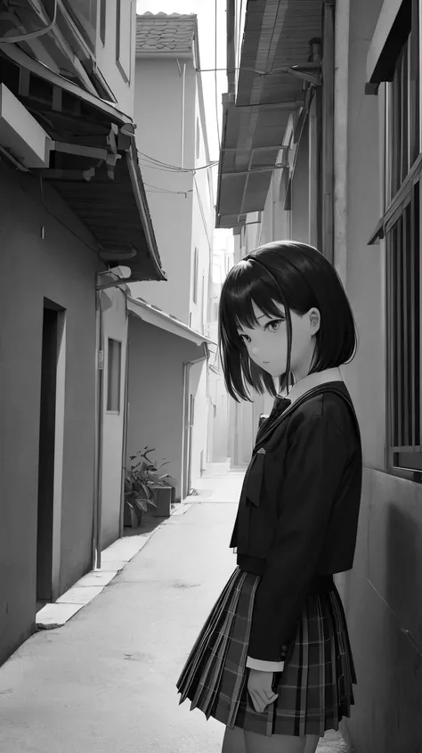 ((masterpiece,best quality,ultra detailed,ultra high res,detailed background)),photorealistic,distant,atmospheric perspective,chiaroscuro,street,alley,greyscale,BREAK
1girl,solo focus,school uniform,facing to the side, looking to the side,