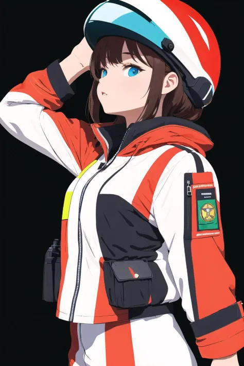((black background)),BREAK
(masterpiece,best quality,ultra detailed,ultra high res),((flat color)),((colorful)),(1girl),pilot,pilot helmet,pilot jacket,looking at viewer,solo,upper body,high contrast,contrasting colors,cowboy shot,