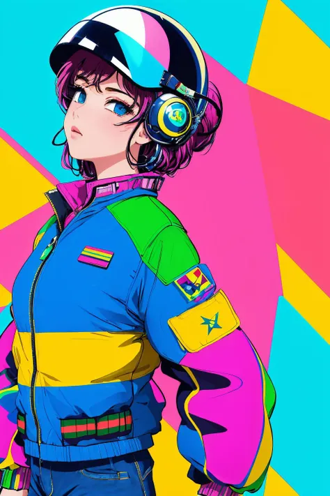 (masterpiece,best quality,ultra detailed,ultra high res,detailed background),((vaporwave)),((flat color)),((colorful)),(1girl),pilot,pilot helmet,pilot jacket,looking at viewer,solo,upper body,colored background,high contrast,contrasting colors,cowboy shot,