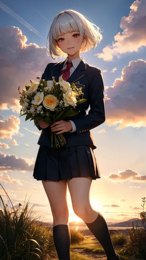 (ultra detailed,ultra high res,detailed background),(facing viewer),((dusk)),Depth of Field,pov,tussock,overgrown,cloud sky,(dark sky),((backlighting)),(wind),HDR,high contrast,BREAK
1girl,(school uniform),looking at viewer,full body,(holding bouquet),(white hair),(black eyes),(medium hair),(bowl cut),light smile,BREAK
