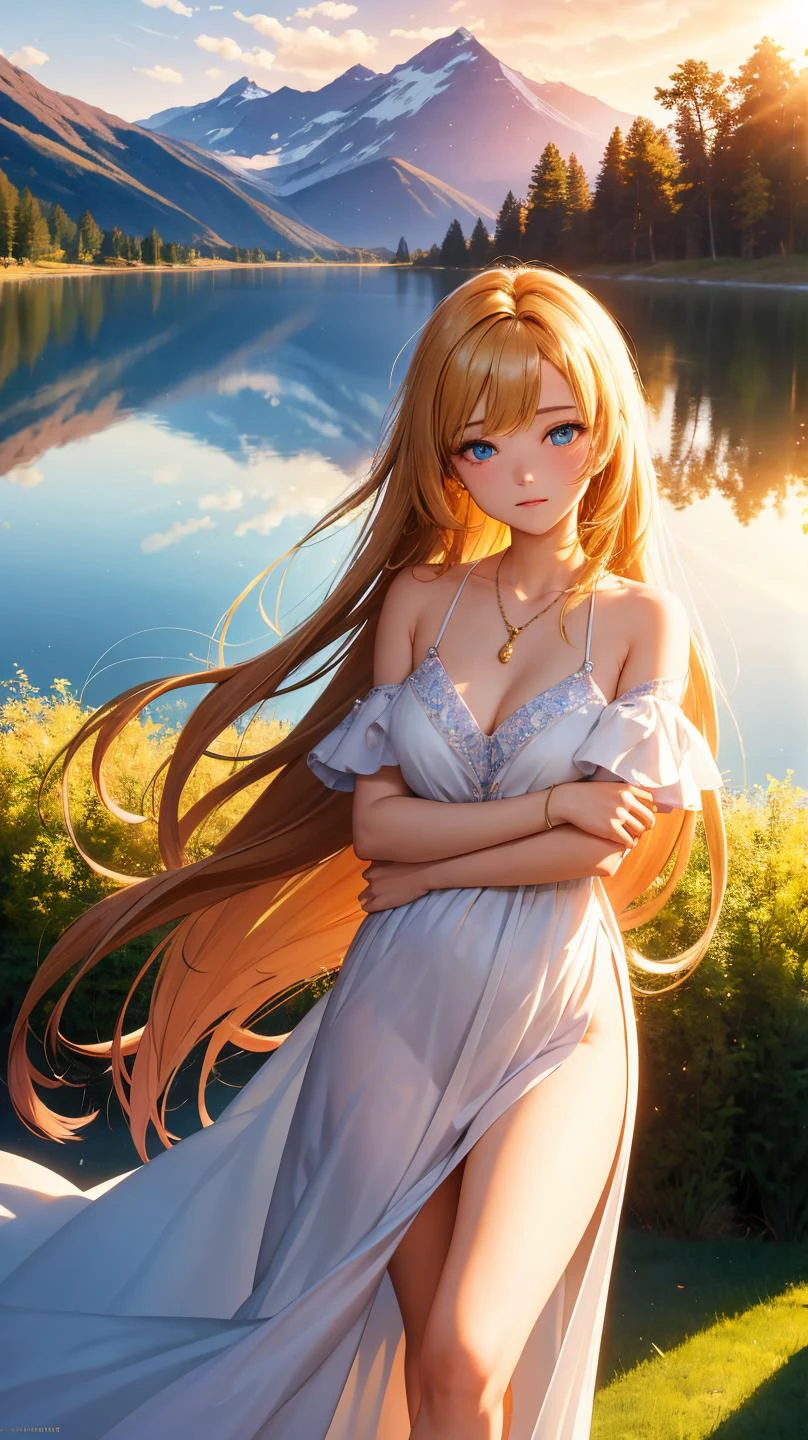 ((extremely detailed,ultra high res,detailed background)),1 girl,serene expression,mesmerizing eyes,straight long hair,flowing dress,poised posture,porcelain skin,subtle blush,crystal pendant,BREAK
golden hour,((rim lighting)),warm tones,sun flare,soft shadows,vibrant colors,painterly effect,dreamy atmosphere,BREAK
scenic lake,distant mountains,willow tree,calm water,reflection,sunlit clouds,peaceful ambiance,idyllic sunset,BREAK
