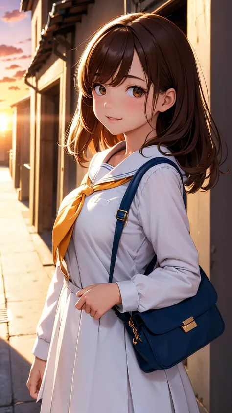 (ultra detailed,ultra high res,detailed background),alley,1girl,white school uniform,sideways,brown hair,hair over shoulder,solo focus,walking,shoulder bag,sunset,dusk,sunlight,light smile,looking at viewer,chiaroscuro,