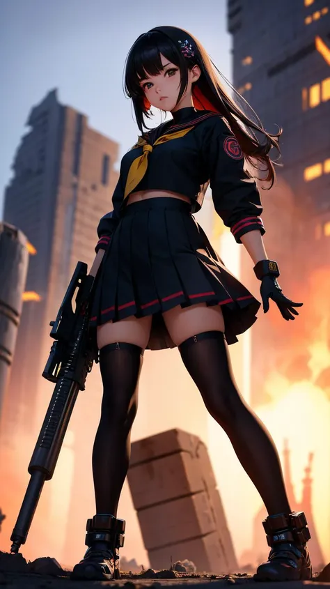 (ultra detailed,ultra high res,detailed background),Ruins, far away,exhaust,1girl, sideways, standing, solo focus, mechanical arms, (black serafuku), weapon, serious, zettai ryouiki,