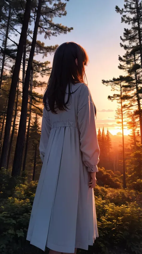 ((ultra detailed,ultra high res,detailed background)),sunrise,forest,impressive,chill,inspirational,1girl,facing away