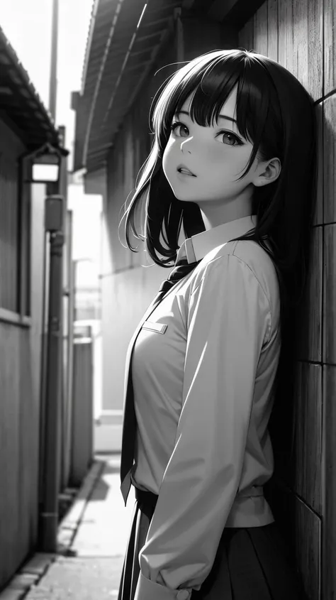 (ultra detailed,ultra high res),((detailed background)),sunlight,distant,chiaroscuro,street,alley,greyscale,BREAK
1girl,looking up,solo focus,school uniform,BREAK