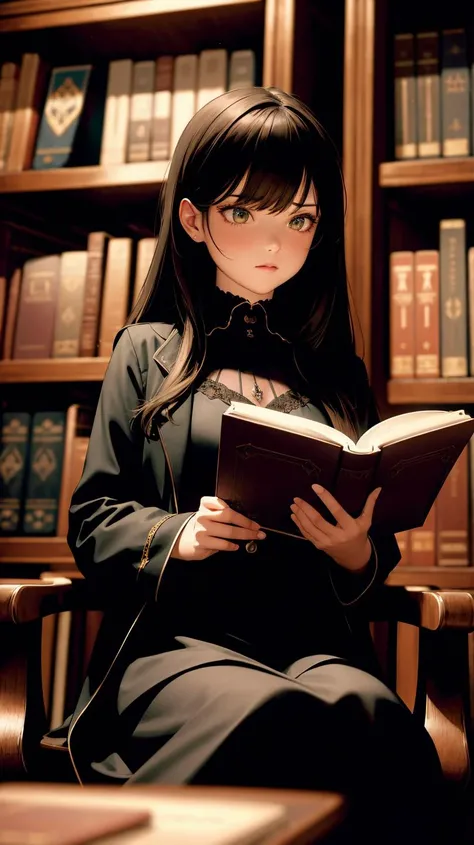 (ultra detailed,ultra high res,detailed background),dark atmosphere,dark theme,dim lighting,1girl, sitting in chair, reading book, library,gothic