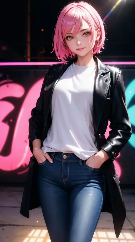 ((ultra detailed,ultra high res,detailed background)),1girl,white shirt,black overcoat,jeans,hands in pocket,short hair,pink hair,seductive smile,garage, Graffiti, glowing neon lights, rim light, lens flare, moody lighting, Fresnel light, night light, Tyndall effect, light leaks,