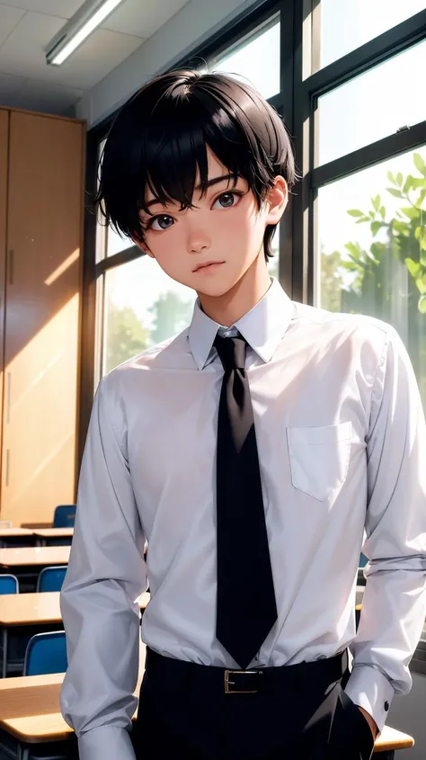 ((ultra detailed,ultra high res,detailed background)),lens flare, 1boy, male focus, classroom, solo, desk, indoors, shirt, school desk, black hair, white shirt, chair, window, collared shirt, school uniform, standing, short hair, pants, long sleeves, black pants,teenage,