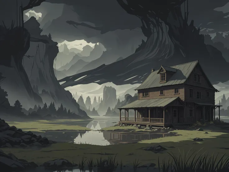 landscape , water, small building, tall grass, gloom, 
[moody lighting: dynamic lighting:30]