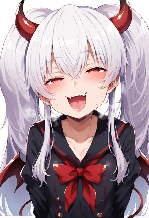 score_9, score_8_up,score_7_up,BREAK,source_anime <lora:_utsusumi_kio_style-elesico:1>utsusumi_kio_style <lora:grim_aloe:1>long hair, white hair, thick twintails, dark red eyes, flat chest, red tail, demon wings, demon tail, dark red horns, demon horns, black shirt, (black school uniform),upper body,portrait,naughty face,sweat,open mouth,mouth steam,half-closed eyes,blush,best quality,solo,front view,soft smile,