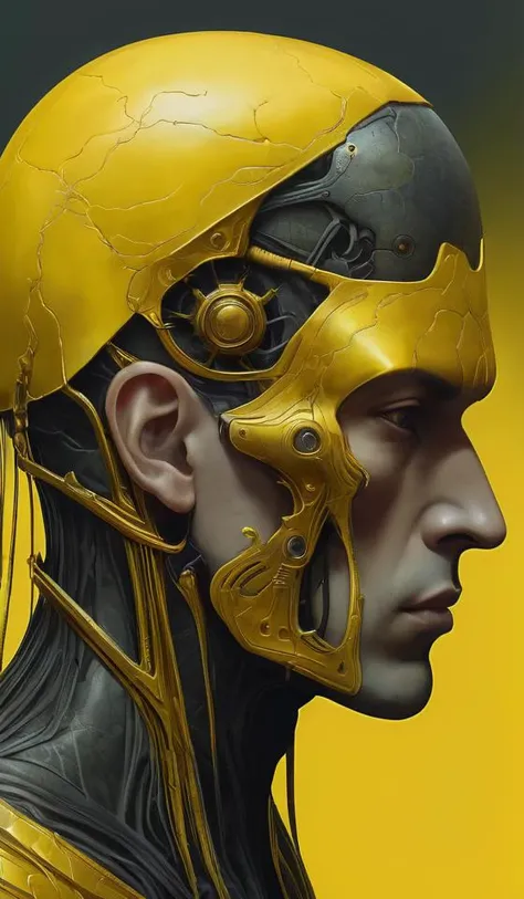 a human with crow head, yellow blood vessels, utopian surrealism, art style alex ries zdzisaw beksinski, android jones, escher, symmetry accurate features, very intricate details, high resolution, 4 k, symmetrical long head, smooth salad surfaces, detailed ink illustration, metal gear, cinematic smooth stone, deep aesthetic, concept art, post process, carved marble texture silk cloth, latex skin, highly ornate intricate details, in the style of wlop
