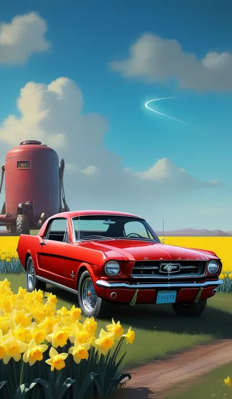 a beautiful sci-fi fantasy matte digital painting of time machine that looks like a red 1964 Ford Mustang parked by a field of yellow daffodils under a bright blue sky, painted in the style of Asher Brown Durant, Classic Car magazine, Marc Simonetti, trending on artstation hq