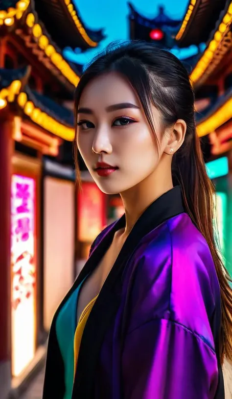 Abstract, 8K, photo shot from front, mid-body portrait, highly-detailed, (flat color:1.1),(colorful:1.3),(masterpiece:1.2), best quality, masterpiece, original, extremely detailed wallpaper, looking at viewer, oriental city,eastern architecture,a lot of details,mysterious expression, in a modern and abstract setting, with bold and colorful abstract art, blurred background, bright lighting,