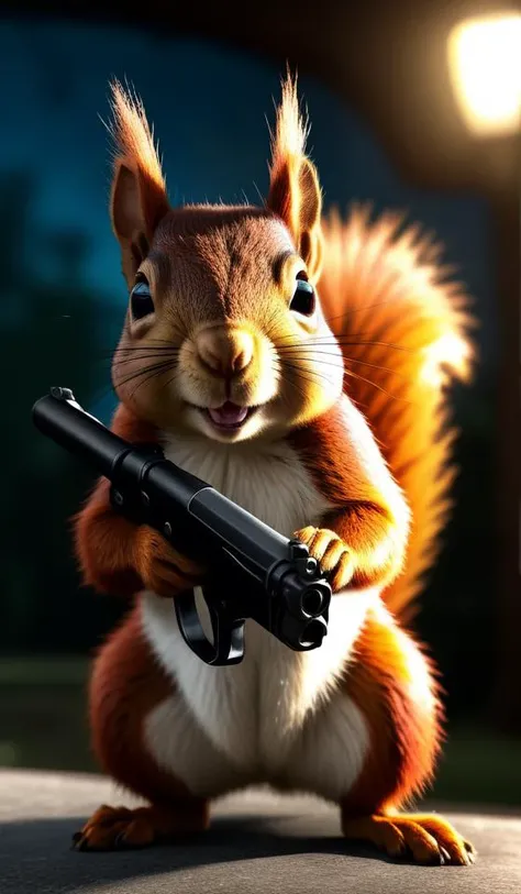 a squirrel with a gun,photorealistic, 8 k, detailed lighting,
