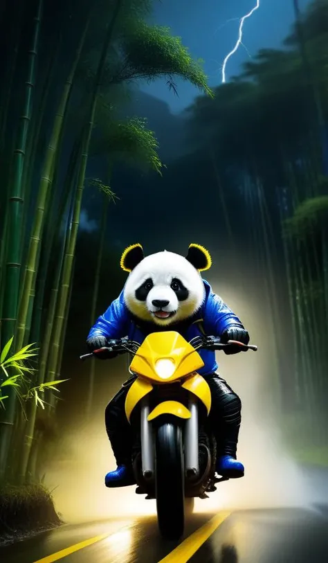 a anthropomorphic panda male furry riding an yellow off-road motorcycle rushing through a sharp bend in bamboo forest, thunder storm and lightning in the distance, in a dark night with heavy rain and strong wind, he is wearing a blue set of interchange jacket and pants, he also wears protective boots and gloves, dynamic scene, epic scene, speed, motion blur