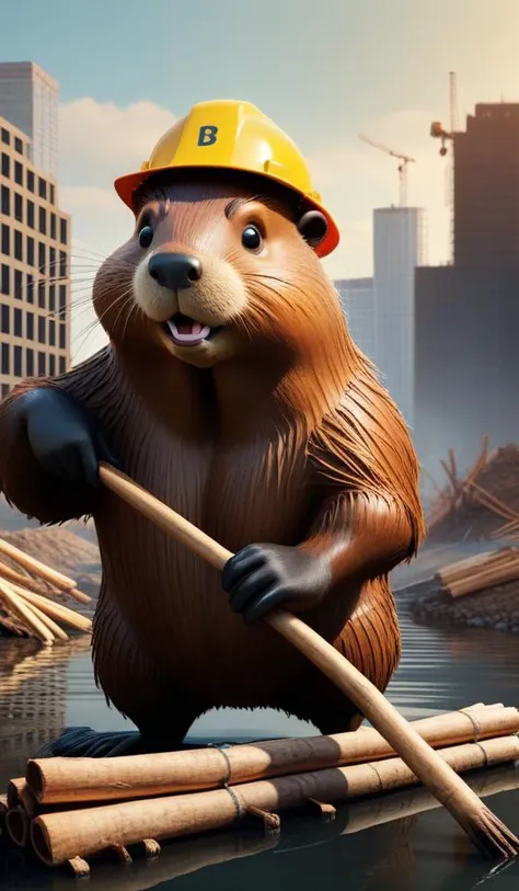 digital hyperrealism concept art of anthropomorphic beavers as construction builders that building city from sticks