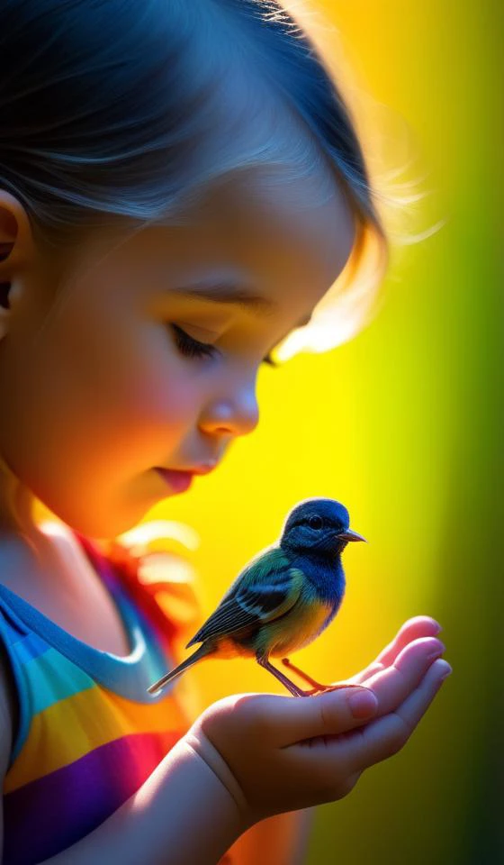 Small cute girl talking to bird, detailed,