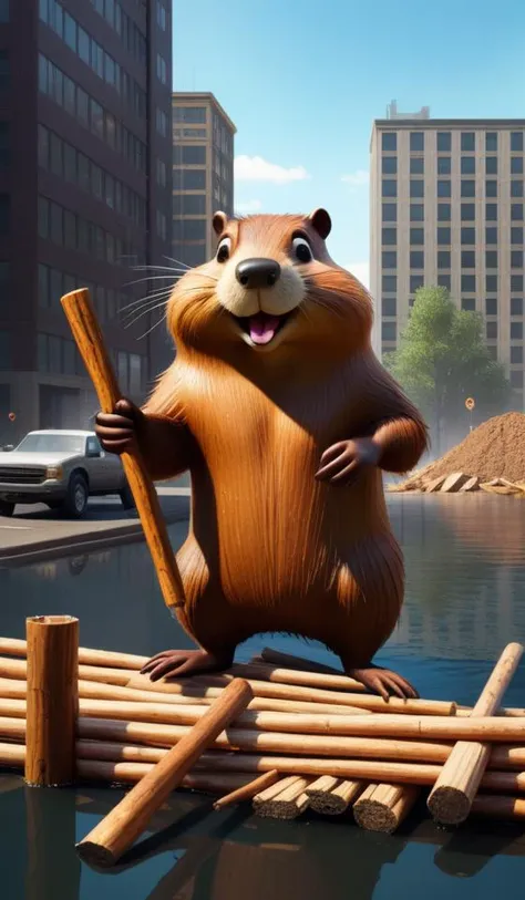 digital hyperrealism concept art of anthropomorphic beavers as construction builders that building city from sticks
