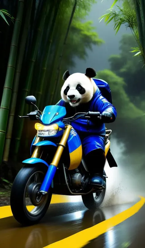 a anthropomorphic panda male furry riding an yellow off-road motorcycle rushing through a sharp bend in bamboo forest, thunder storm and lightning in the distance, in a dark night with heavy rain and strong wind, he is wearing a blue set of interchange jacket and pants, he also wears protective boots and gloves, dynamic scene, epic scene, speed, motion blur
