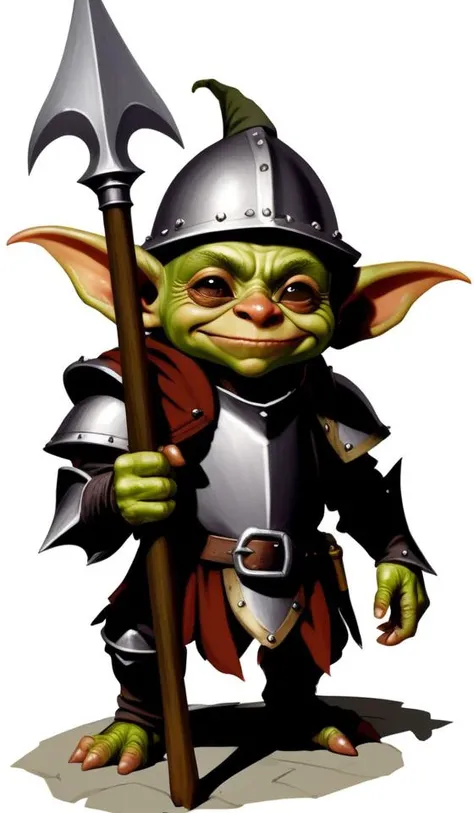 medieval fantasy, small goblin wearing oversized helmet covering most of its face holding a large spear, dungeons and dragons,