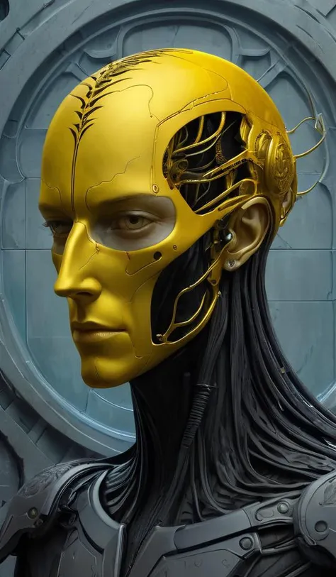 a human with crow head, yellow blood vessels, utopian surrealism, art style alex ries zdzisaw beksinski, android jones, escher, symmetry accurate features, very intricate details, high resolution, 4 k, symmetrical long head, smooth salad surfaces, detailed ink illustration, metal gear, cinematic smooth stone, deep aesthetic, concept art, post process, carved marble texture silk cloth, latex skin, highly ornate intricate details, in the style of wlop