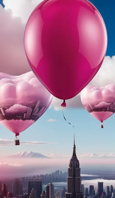 giant pink balloon,cities floating on balloons,magnificent clouds,pink theme,