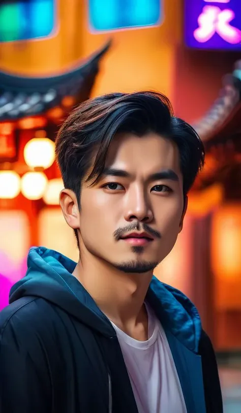 Abstract, 8K, photo shot from front, mid-body portrait, highly-detailed, (flat color:1.1),(colorful:1.3),(masterpiece:1.2), best quality, masterpiece, original, extremely detailed wallpaper, looking at viewer, oriental city,eastern architecture,a lot of details,mysterious expression, in a modern and abstract setting, with bold and colorful abstract art, blurred background, bright lighting,