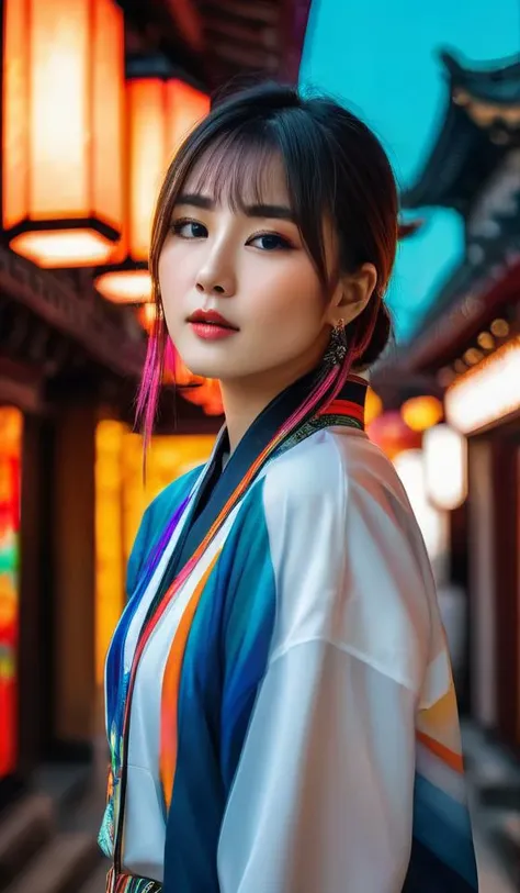 Abstract, 8K, photo shot from front, mid-body portrait, highly-detailed, (flat color:1.1),(colorful:1.3),(masterpiece:1.2), best quality, masterpiece, original, extremely detailed wallpaper, looking at viewer, oriental city,eastern architecture,a lot of details,mysterious expression, in a modern and abstract setting, with bold and colorful abstract art, blurred background, bright lighting,