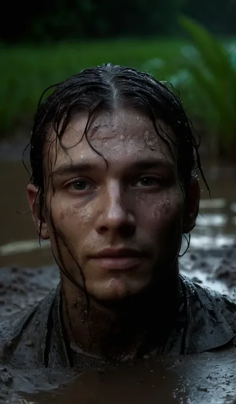 ~*~Photographic~*~ RAW closeup man head:1.7 emerging from a muddy pond BREAK stressed:2.0, fear:1.7, pain:2.0, center:2.0, dead center BREAK ripples, rain, dark scene, atmospheric, leaves, dirt, scary mood, detailed eyes, detailed skin, rembrandt lighting, flashlight to the sides:2.0,<lora:add-detail-xl:3>