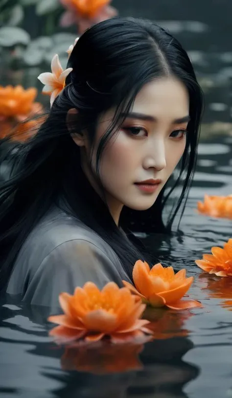 a woman with long black hair is surrounded by water with flowers, in the style of dreamlike realism, dark gray and orange, han dynasty, soft-focus portraits, dark colors, harmonious coloration, somber mood