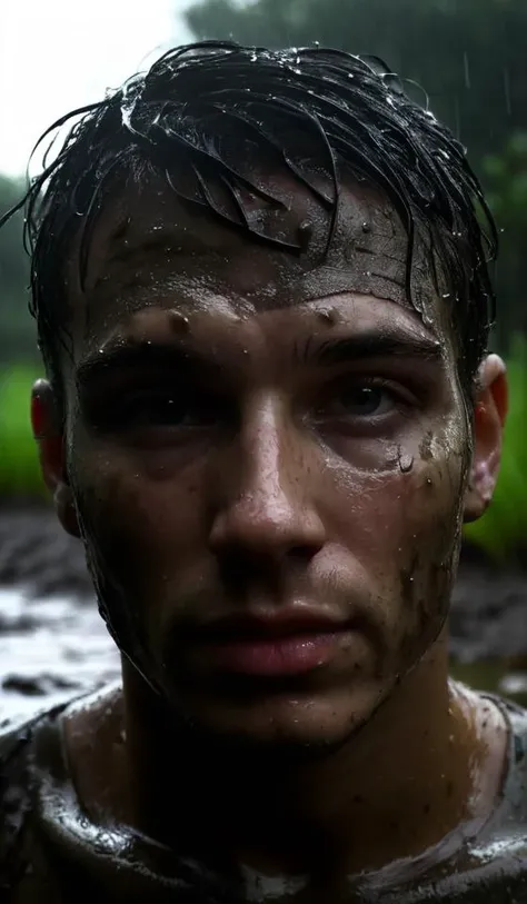 ~*~Photographic~*~ RAW closeup man head:1.7 emerging from a muddy pond BREAK stressed:2.0, fear:1.7, pain:2.0, center:2.0, dead center BREAK ripples, rain, dark scene, atmospheric, leaves, dirt, scary mood, detailed eyes, detailed skin, rembrandt lighting, flashlight to the sides:2.0,<lora:add-detail-xl:3>