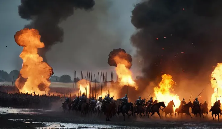 In age of 1415 battlefield, english longbow man embush Franch knights,thousands of infantries and knights engaged in intense combat, blood splattering and weapons and armor scattering on the ground. Countless arrows fluttered in the air, almost obscuring the sky and plunging the battlefield into darkness. Warriors fought bravely, fiercely resisting enemy attacks. Spear clashed, A stone thrower throws huge stones and explosion bucket, and iron horses trampled over boiling blood pools. The cries and screams of soldiers and horses created a terrifying scene. The battlefield was pitted and littered with severed limbs and corpses, and countless soldiers fell on the battlefield. Both sides of the conflict were locked in a brutal struggle, exhausting their strength. The entire scene exuded an atmosphere of extreme tension, intensity, and terror, as if hinting that the cruel war would never end.
moonlight movie studio,(analog film:1.3) (vhs movie) (photorealistic) (screencap) (cinematic lighting) (sharp focus) (80sDarkFantasySD15b:1.0),
use your imagination, humans of all ages and races in same proportions, all faces and pictures must be different, use all spectre of your different emotions from happiness to anger, do what you want and how you want,