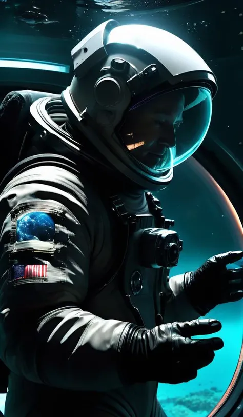 infrared concept art by craig mullins astronaut holds a black hole in his hands in futuristic dark and empty spaceship underwater. complex and hyperdetailed technical suit. mandelbulb fractal. reflection and dispersion materials. rays and dispersion of light. volumetric light. 5 0 mm, f / 3 2. noise film photo. flash photography. octane render. interstellar movie art,
