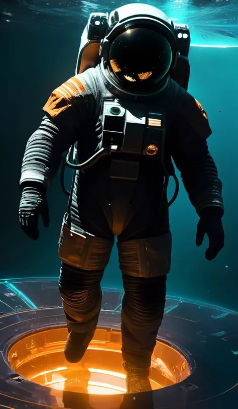 infrared concept art by craig mullins astronaut holds a black hole in his hands in futuristic dark and empty spaceship underwater. complex and hyperdetailed technical suit. mandelbulb fractal. reflection and dispersion materials. rays and dispersion of light. volumetric light. 5 0 mm, f / 3 2. noise film photo. flash photography. octane render. interstellar movie art,
